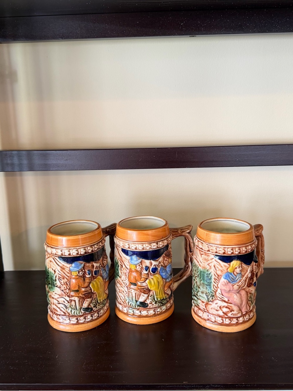 Vintage Collectible 3 Ceramic Beer Steins Folk Scenery Rustic Made in Japan Set